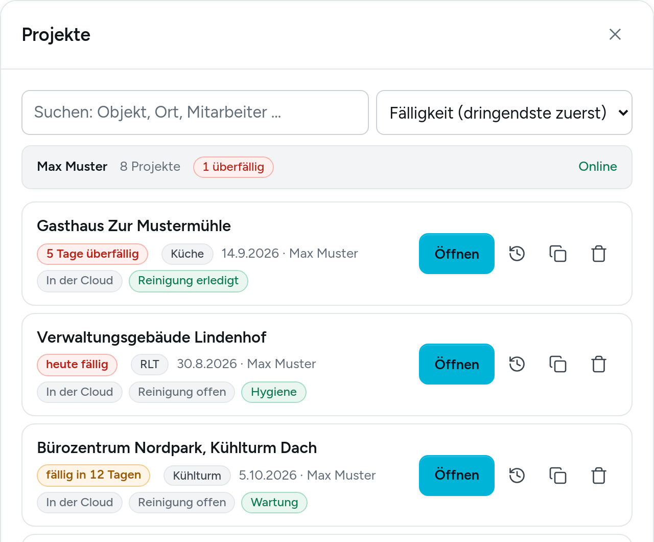 Projektliste nach Fälligkeit: 5 Tage überfällig, heute fällig, fällig in 12 Tagen