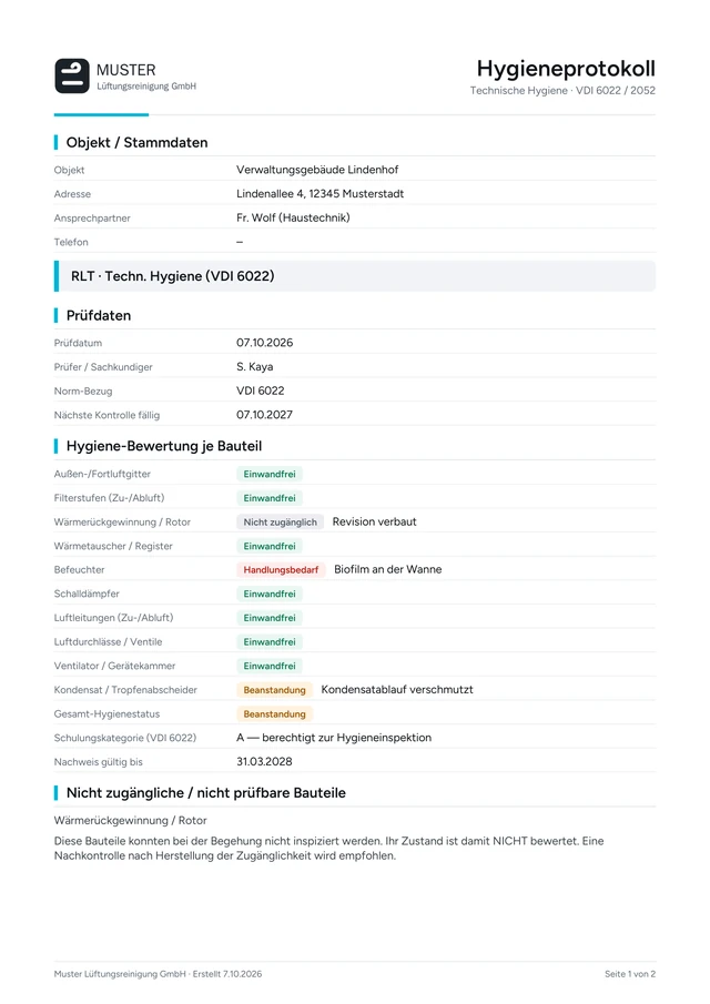 PDF-Seite Hygieneprotokoll: Bewertung je Bauteil
